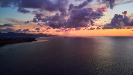 Aerial view of beautiful sunset over the ocean