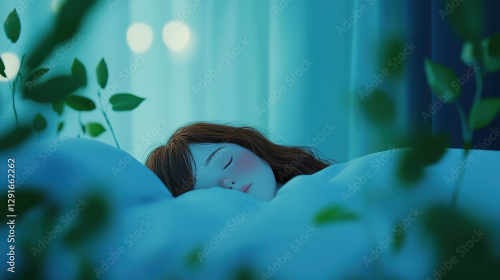 Poster serene animation of a girl falling into deep restful sleep in a tranquil and dreamy environment