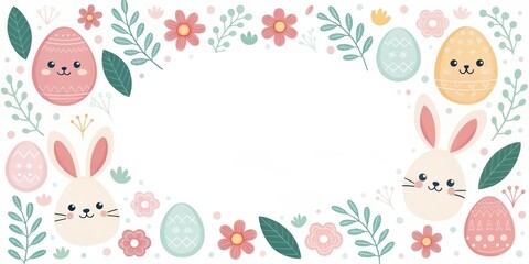 Easter-themed background with cute bunny and colorful eggs and flowers