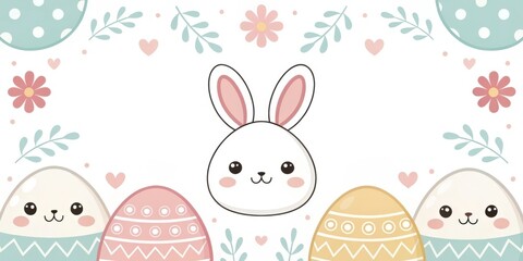 Easter bunny with colorful eggs and floral decorations, a charming and festive illustration, perfect for the holiday season. The cute bunny and pastel colors bring a sense of joy and celebration.