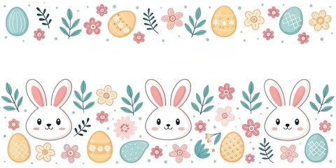 Easter bunnies and eggs arranged in a decorative pattern, adorned with flowers and leaves