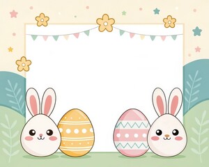 Obraz premium Easter-themed frame decoration features two rabbits with colorful eggs 