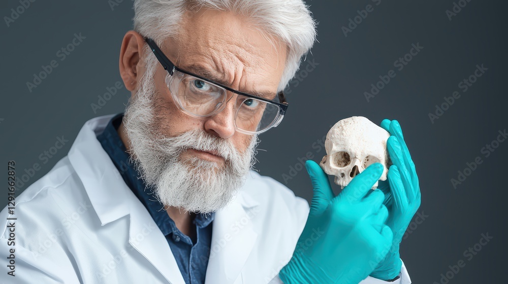 Poster mysterious scientist studying ancient artifacts with a skull