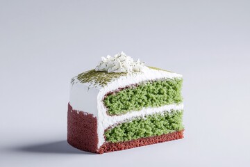 Layered cake showcases vibrant green and red colors, topped with