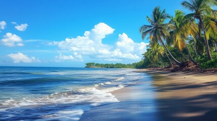 Fototapeta premium Beautiful Tropical Beach With Palm Trees, Crystal Clear Water, and Lush Mountains in the Background During a Sunny Day