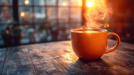 A cozy mug filled with a warm beverage resting on a wooden table its natural textures and tones creating a soothing peaceful atmosphere