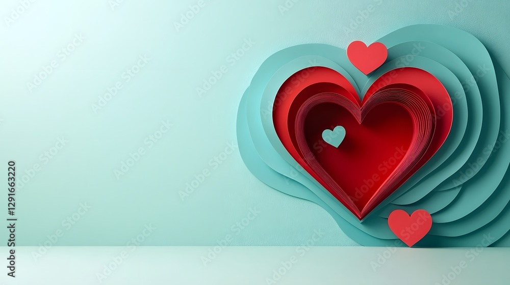 Poster minimalist paper cut heart shapes placed symmetrically in a harmonious composition with soft shadows