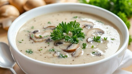 A bowl of mushroom soup: Describe the creamy texture and earthy flavor of the soup, garnished with fresh parsley.