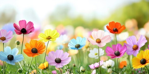 Happy Spring Flowers Background. Colorful flowers bloom in a sunny garden, creating a vibrant and cheerful atmosphere.