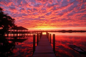 Obraz premium Fiery sunrise over calm lake, wooden pier, tranquil scene