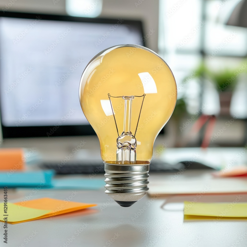 Poster light bulb floating above a desk with colorful notes.