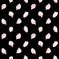 Petals of a blooming spring tree in flight. Seamless pattern of cherry, apple, almond petals on a black background. Watercolor template for Hanami, sakura, spring holidays, textile, wallpaper