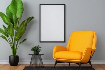 An empty vertical rectangle frame mockup, placed on the wall of a modern living room with plants and warm colors, wood floor, grey walls, orange armchair, black rug, black side tables, and warm