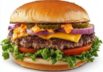 Delicious beef burger with fresh toppings of lettuce, tomato, onions, pickles, and sauce on a toasted bun showcasing mouthwatering flavors