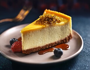 Fotograf&iacute;a de estudio profesional una porci&oacute;n de tarta cremosa de queso, estilo ultrarrealista, realista, 4k
