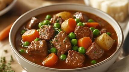 A bowl of hearty beef stew with chunks of tender meat, potatoes, carrots, and peas in a rich gravy.