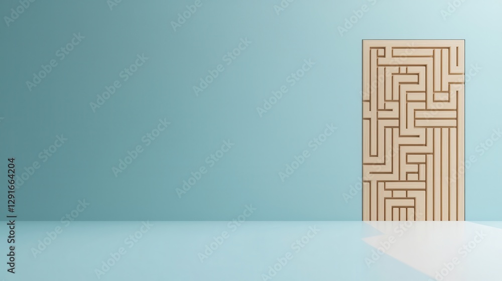 Poster initial steps taken to address complex problem with intricate maze doorway concept against blue back