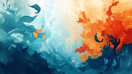 Digital Painting: Abstract Ocean Currents Clashing in Vivid Blues and Oranges AI Generated