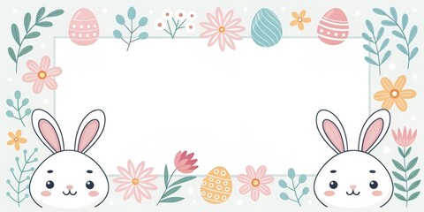 Easter-themed border featuring two adorable rabbits and decorated eggs and flowers 