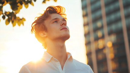 Naklejka premium Portrait of a young businessman enjoying the serene sunset in the city, gazing upwards with hope and ambition for the future