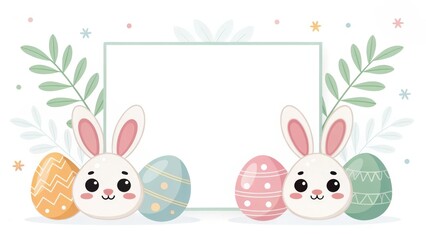 Obraz premium Easter bunnies and eggs with blank space for a message, suitable for greeting cards or invitations. The illustration features a clean style and pastel colors.