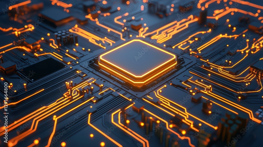 Poster quantum computer with glowing circuits illustrating chaos