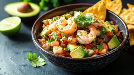 A bowl of fresh ceviche with shrimp, lime juice, cilantro, and avocado, served with crispy tortilla chips.