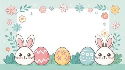 an illustrated frame with Easter eggs and two adorable bunny characters, perfect for seasonal greetings and celebrations. The design is full of pastel colors and floral elements