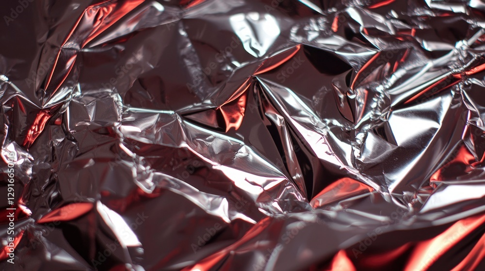 Poster crumpled metallic foil texture with red light reflection background
