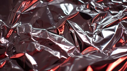 Crumpled metallic foil texture with red light reflection background