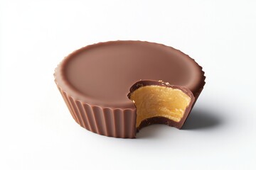 Chocolate treat with bite taken out, revealing creamy filling in