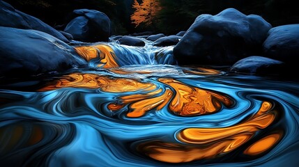 Abstract Waterfall Reflection: Nighttime Stream in a Dark Forest AI Generated