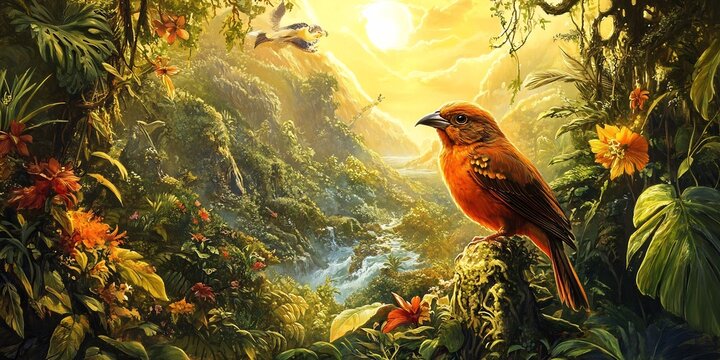 Dramatic depiction of Darwin's finches different islands each species adapted distinct beak shapes surrounded varied vegetation terrain golden sunlight highlighting the diversity of colors and forms