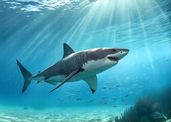 Great White Shark in Sunny Underwater Scene