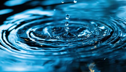 Water drop creates ripples in blue liquid