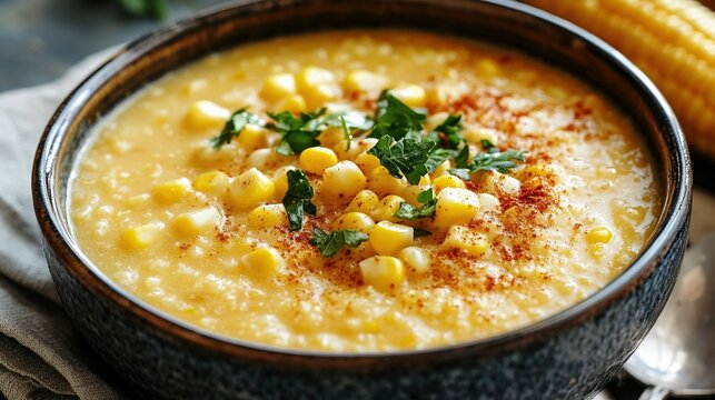 A bowl of corn chowder: Detail the sweet and creamy soup with fresh corn kernels and a hint of spice.