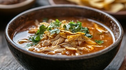 A bowl of chicken tortilla soup: Detail the flavorful broth, tender chicken, and the crunch of tortilla strips.