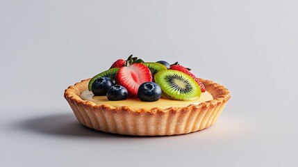 Delicious fruit tart showcasing vibrant berries and kiwi on crea