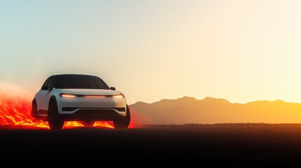 Sleek car racing across vibrant landscape, kicking up dust again