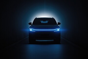 Sleek electric vehicle illuminated in dark tunnel, showcasing fu