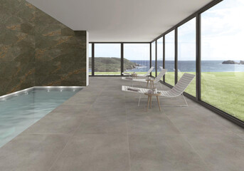 3D Render of Modern Indoor Swimming Pool with Scenic Ocean View and Minimalist Lounge Area
