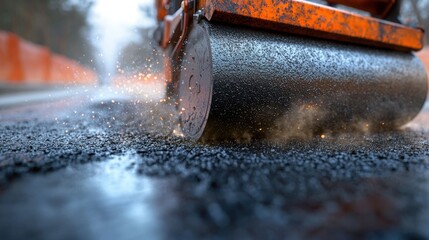 Pneumatic roller compressing asphalt