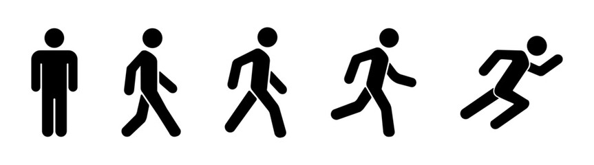Person walking black filled and outlined icon set. Man stands, walk and run. 