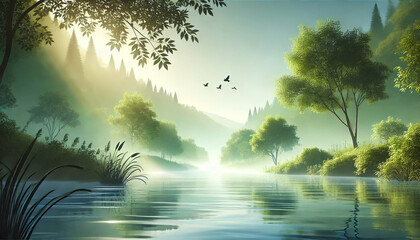 Peaceful Tranquil Nature Landscape with Serene River and Birds in Sunrise - Created by AI