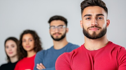 Obraz premium Confident Young Man in Red Shirt With Friends in Soft Lit Studio Portrait