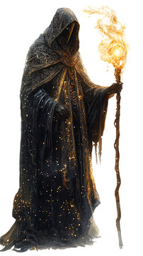 Enigmatic sorcerer casting spells mysterious realm fantasy art dark atmosphere close-up magic and power
