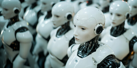 Crowd of many white humanoid robots, technological and futuristic background interface.