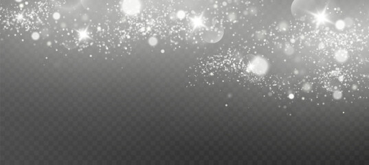 Bokeh light effect background, christmas white dust, festive glitter dust for banners, cards, advertisement. Christmas glowing dust background png, vector.