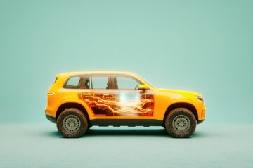 Bright yellow SUV with dynamic flame graphics, set against paste