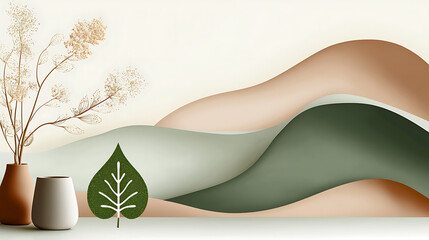 A vase with a leaf in it sits on a table next to a mountain range. generated using AI